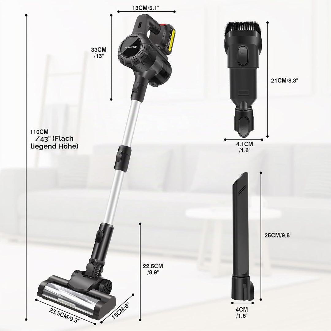 DayPlus 500W Akkustaubsauger mit 2 x 3.0Ah Batterie, 15000Pa Leistungsfähige Saug, 65Min Laufzeit, L