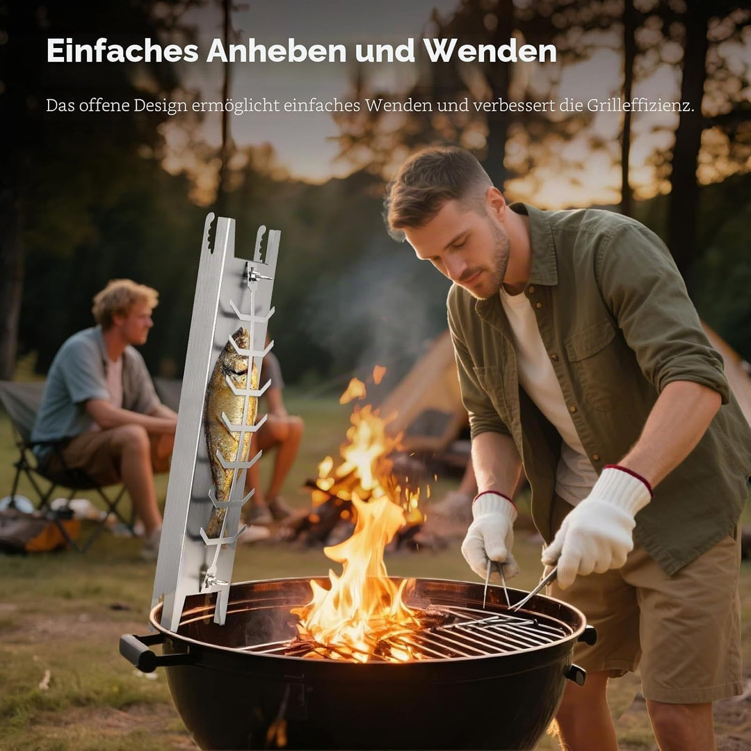 Flammlachsbrett Edelstahl, Flammlachsbrett für Feuerschale, 180° Drehbar, mit Verbrühungssicherer Ha