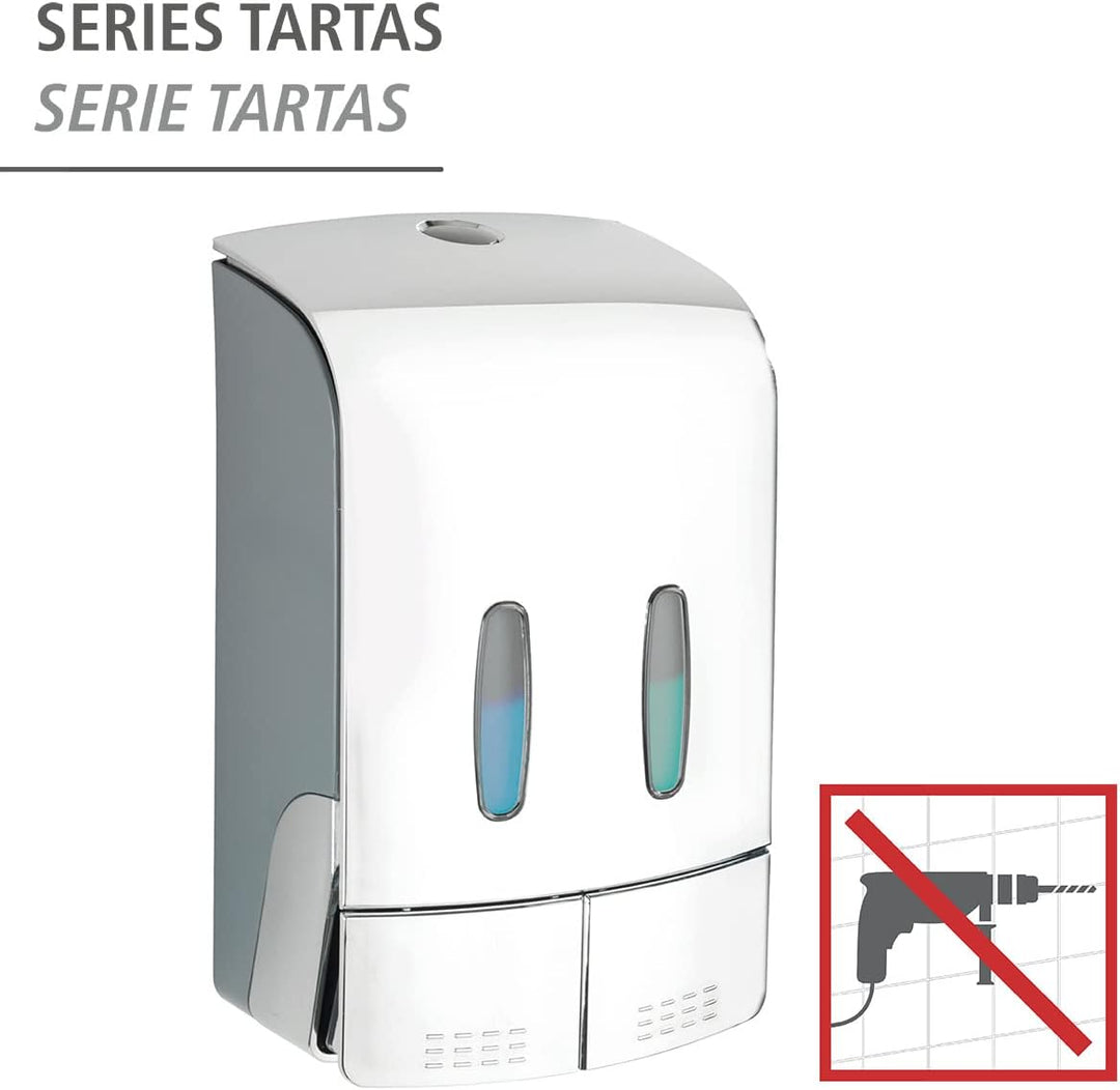 WENKO 2-Kammer Desinfektionsmittel- und Seifenspender Tartas Chrom, hygienischer Wand-Spender für De