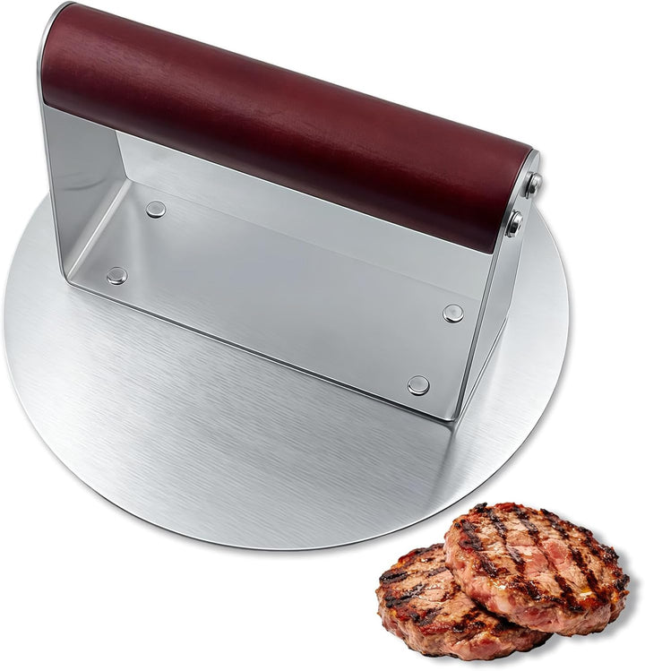 Edelstahl Smash‑Burger‑Presse, 16 cm Runde Hochleistungs‑Burger‑Zertrümmerer mit weinrotem Ledergrif
