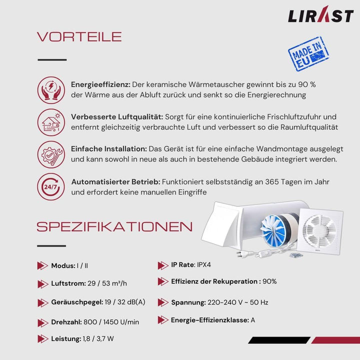 Ø 150mm Dezentrale Wohnraumlüftung mit Wärmerückgewinnung - Mit Kabel und Zugschnur Ø 150mm Weiss, Ø