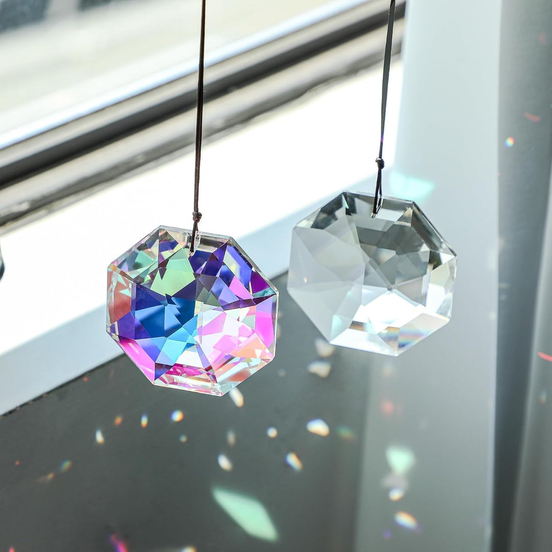 HDCRYSTALGIFTS 80mm Regenbogenprisma Sonnenfänger für das Fenster AB farbige grosse Kristalloktagonp