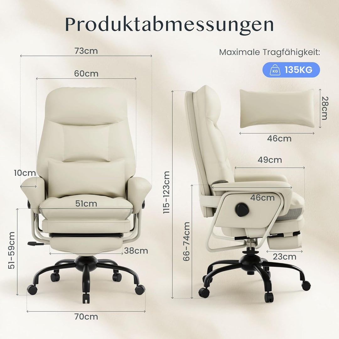 FLEXISPOT Ergonomischer Bürostuhl mit Fussstütze Chefsessel mit 160° Liegefunktion, Dickem PU-Komfor