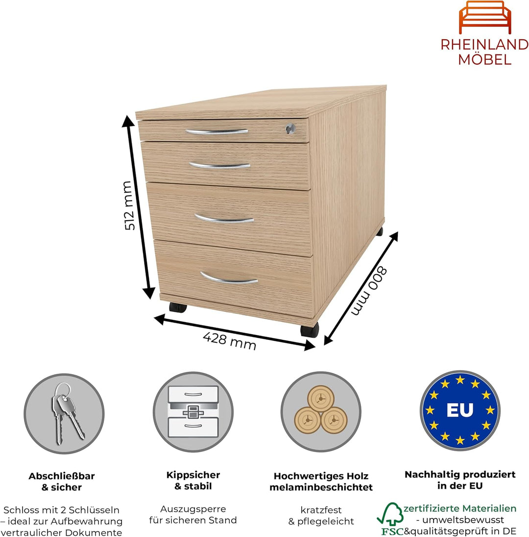 Rollcontainer CADI 43×80×51 cm – abschliessbarer Bürocontainer in Eiche mit Orga- & 3 Universal-Schu