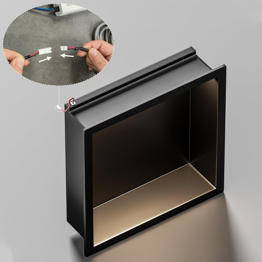 Neohomee Wandnische Dusche Edelstahl mit LED-Licht, Eingebettete Duschnische Schwarz Einzelregal Lag