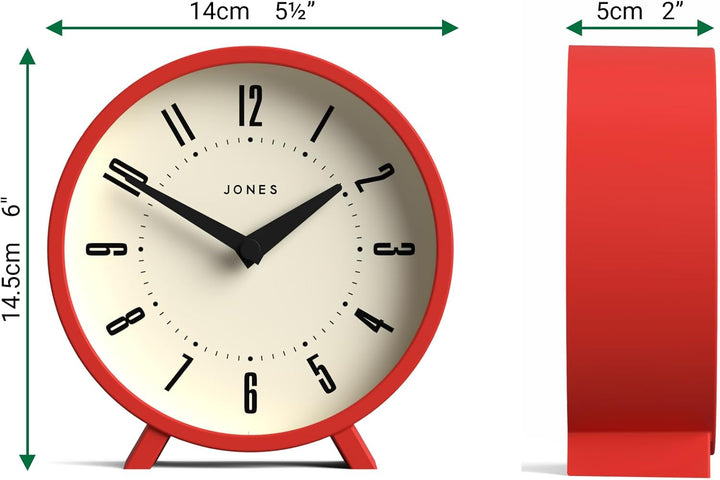 JONES CLOCKS® Venus schreibtischuhr | Modernes rundes Design | Rot | Stilvoller retrolook für Regal,