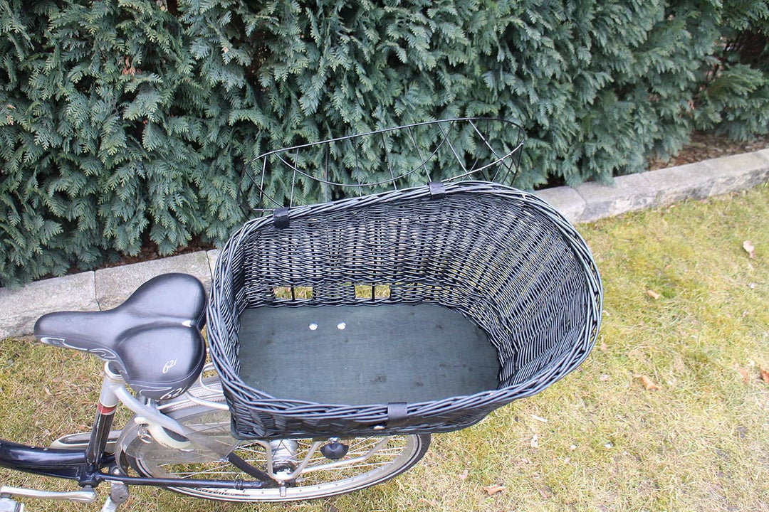 Hundefahrradkorb für Gepäckträger aus Weide mit Metallgitter und Kissen Schwarz XL oder XXL Gepäcktr