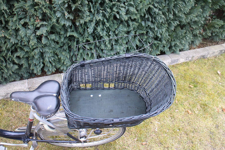 Hundefahrradkorb für Gepäckträger aus Weide mit Metallgitter und Kissen Schwarz XL oder XXL Gepäcktr