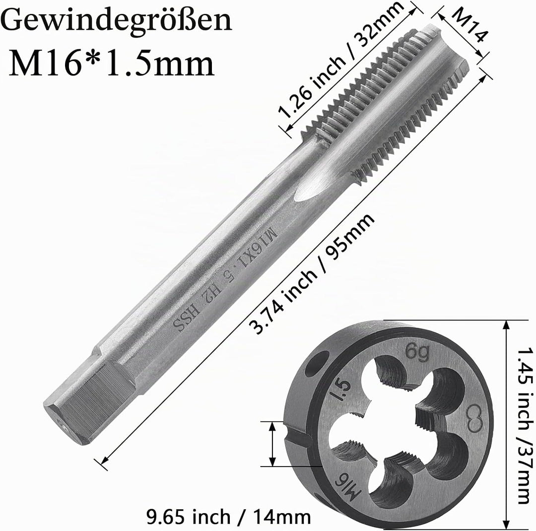 Gewindeschneid M16 x 1.5mm, HSS Gewindebohrer und Schneideisen Set, Rechtsgewinde Feingewinde Schnei