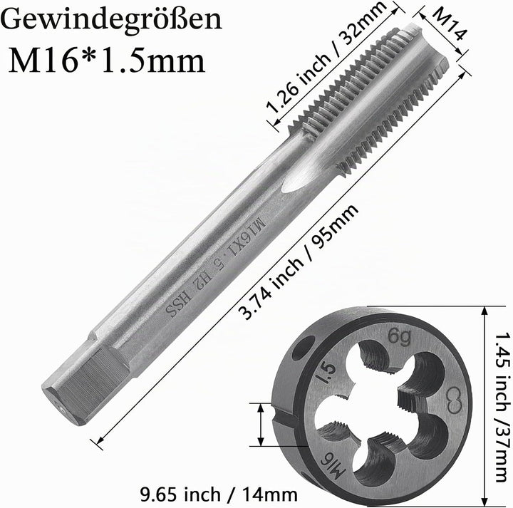Gewindeschneid M16 x 1.5mm, HSS Gewindebohrer und Schneideisen Set, Rechtsgewinde Feingewinde Schnei