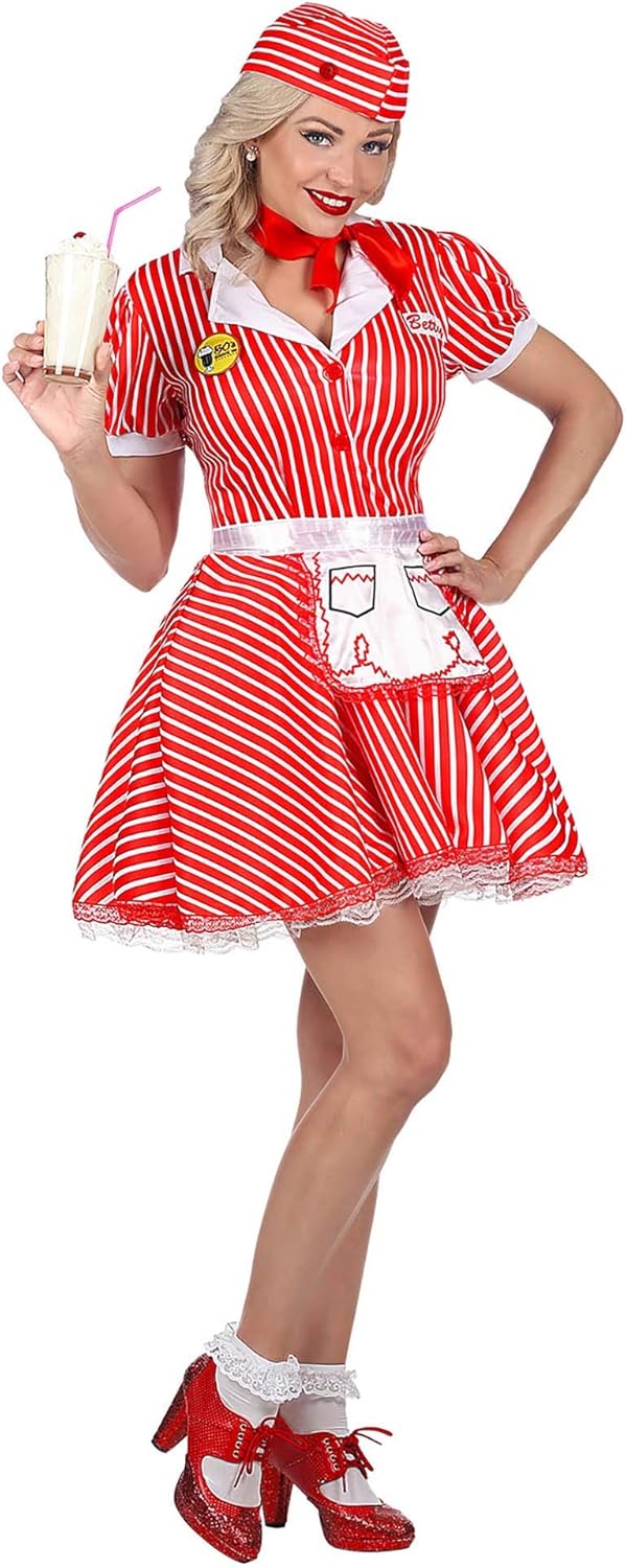 "50s WAITRESS" (dress with petticoat, apron, pin, neckscarf, headpiece) - (M), M