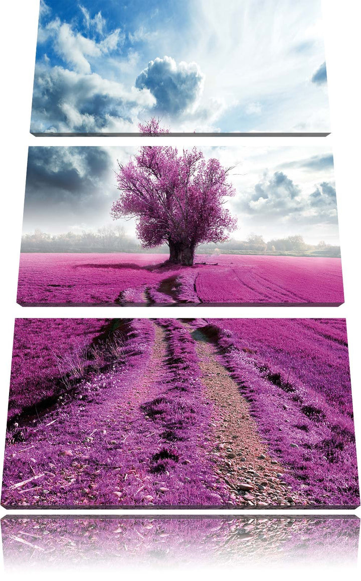 Pixxprint Pinkes Feld mit pinkem Baum 3-Teiler Leinwandbild 120x80 Bild auf Leinwand