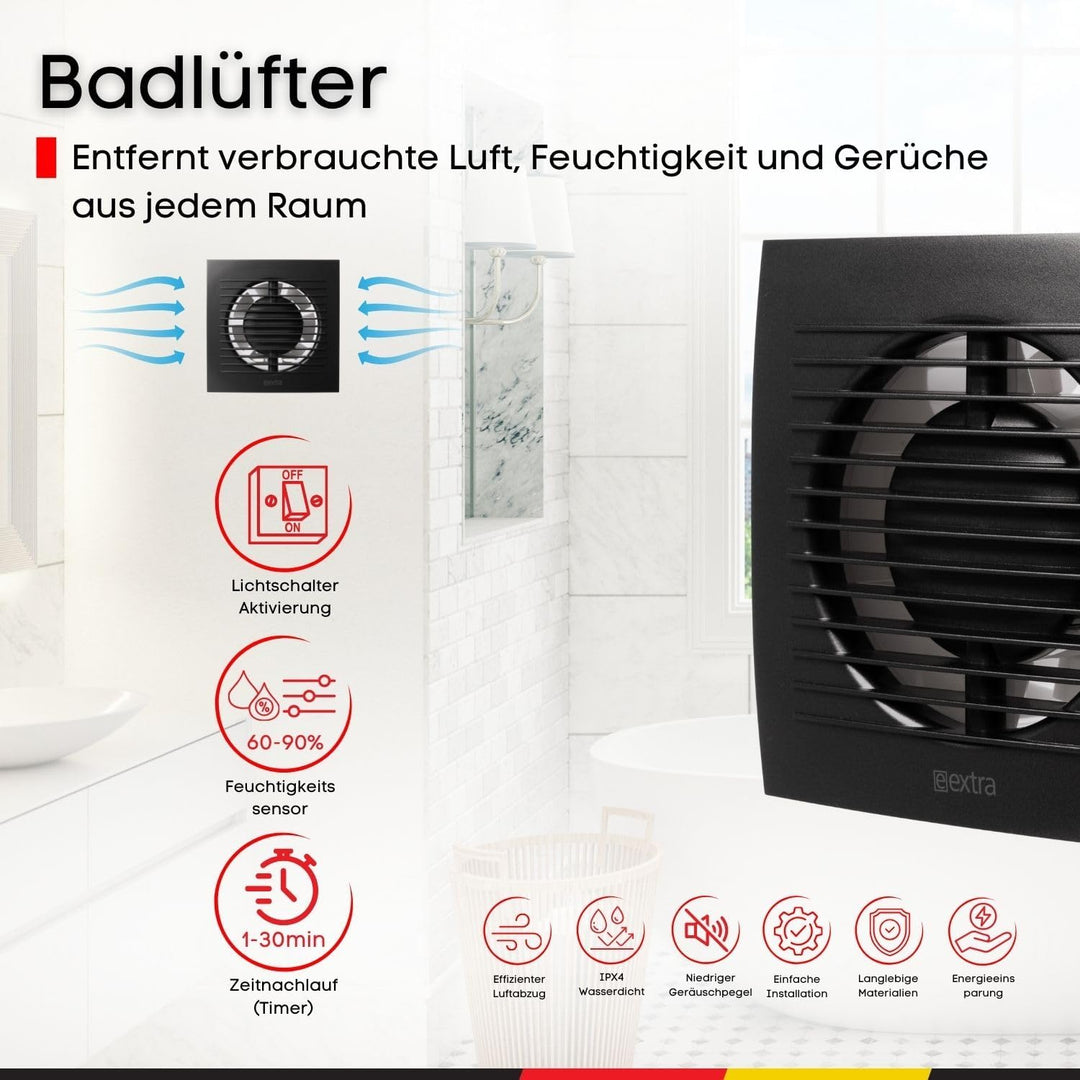 Steinberg14 Badlüfter Ø 100mm mit Feuchtigkeitssensor und Zeitnachlauf (Timer) - Anthrazit Ventilato