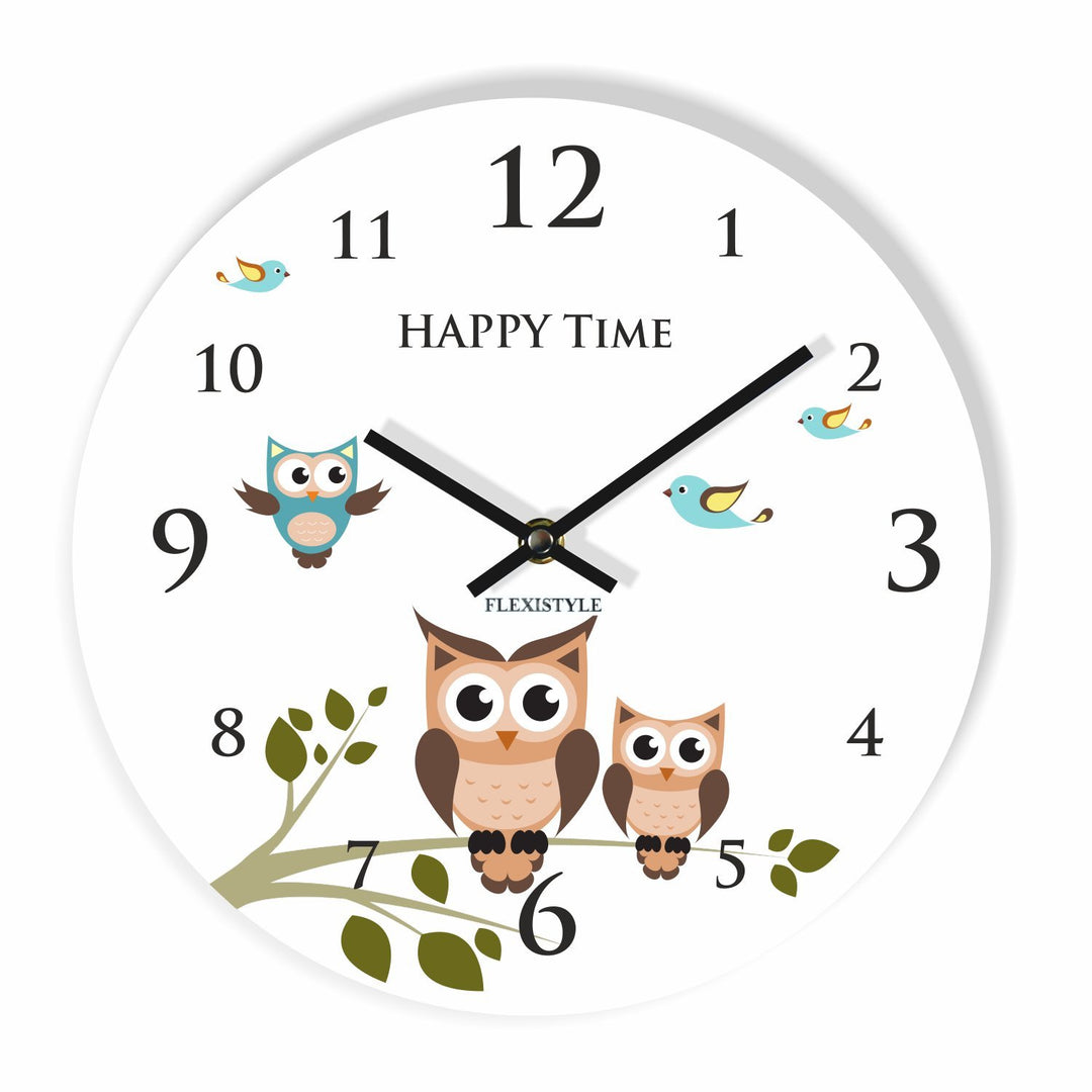 FLEXISTYLE Moderne Wanduhr für Kinder Eule 2 30cm, still, oval, Zimmer für Kinder, Schule, Kindergar