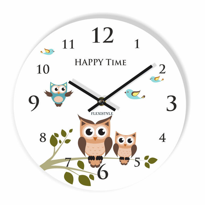 FLEXISTYLE Moderne Wanduhr für Kinder Eule 2 30cm, still, oval, Zimmer für Kinder, Schule, Kindergar