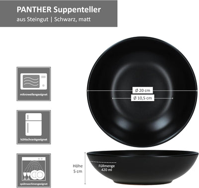 MamboCat Panther 6er Set Suppenteller schwarz I 420ml I matte tiefe Steingut-Teller für 6 Personen I