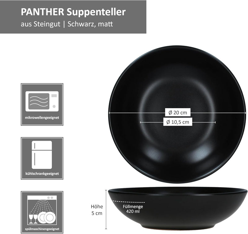 MamboCat Panther 6er Set Suppenteller schwarz I 420ml I matte tiefe Steingut-Teller für 6 Personen I