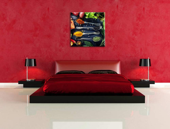 Feine Gewürze auf Löffeln, Format: 70x70 auf Leinwand, XXL riesige Bilder fertig gerahmt mit Keilrah