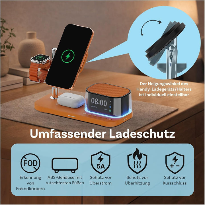 Kabellose Ladestation 5-in-1 mit Wecker, Bluetooth-Lautsprecher & LED-Nachtlicht für MagSafe von MMO