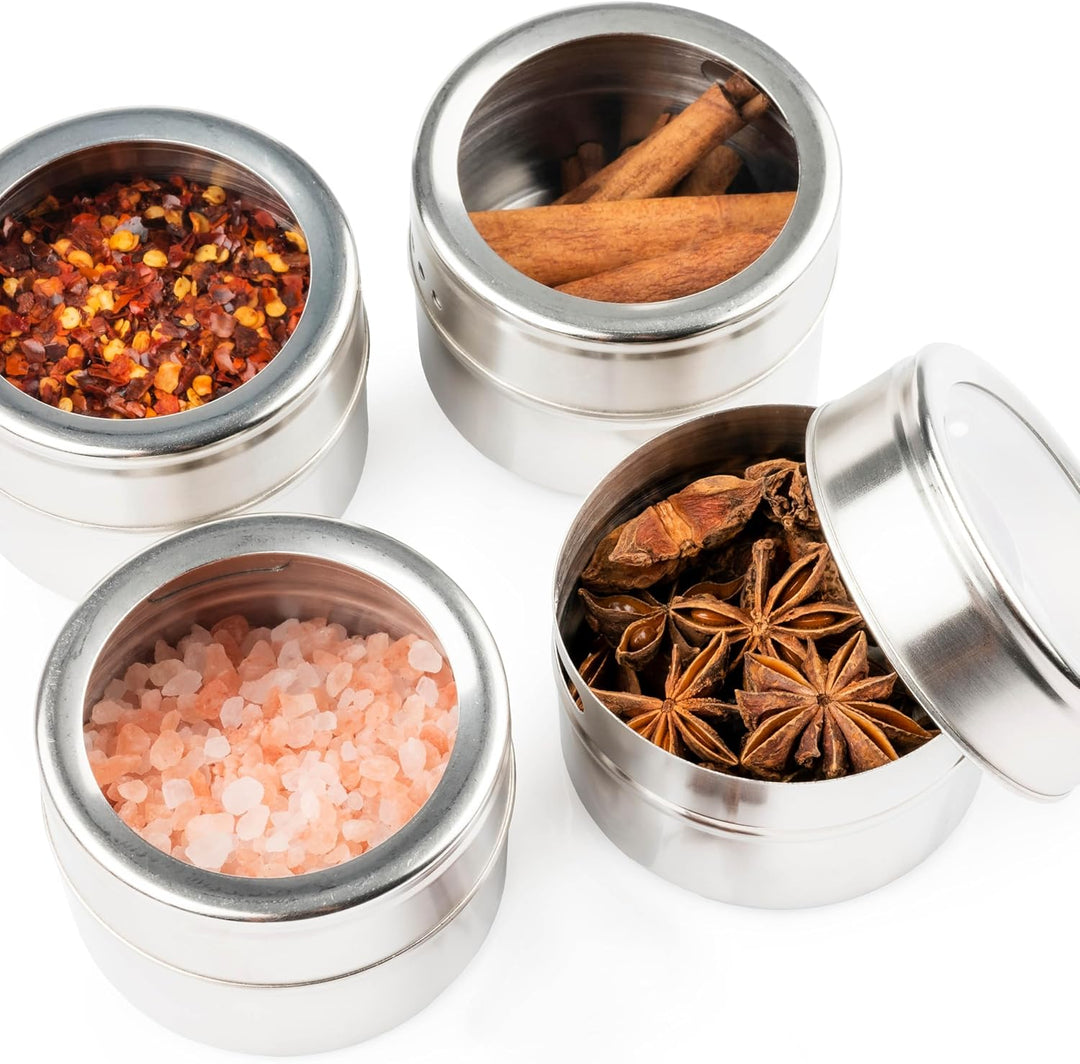 Oak & Steel – 12 Magnetische Edelstahl-Gewürzdosen (100ml, Silber) – 2-in-1 Gewürzbehälter mit Decke