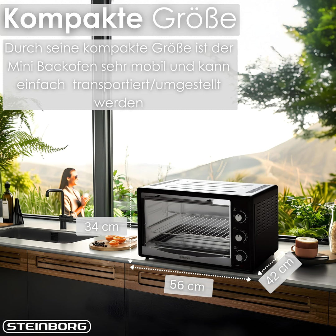 Steinborg® Mini Backofen 45 Liter mit Umluft & Drehspiess Elektrischer Minibackofen – Umluftofen mit