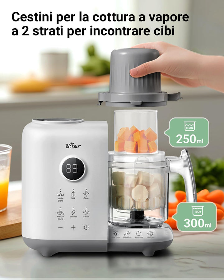 Bear 6-in-1 Dampfgarer mit Mixer Premium Babynahrungszubereiter,Dämpfen, automatisches Rühren, Milch