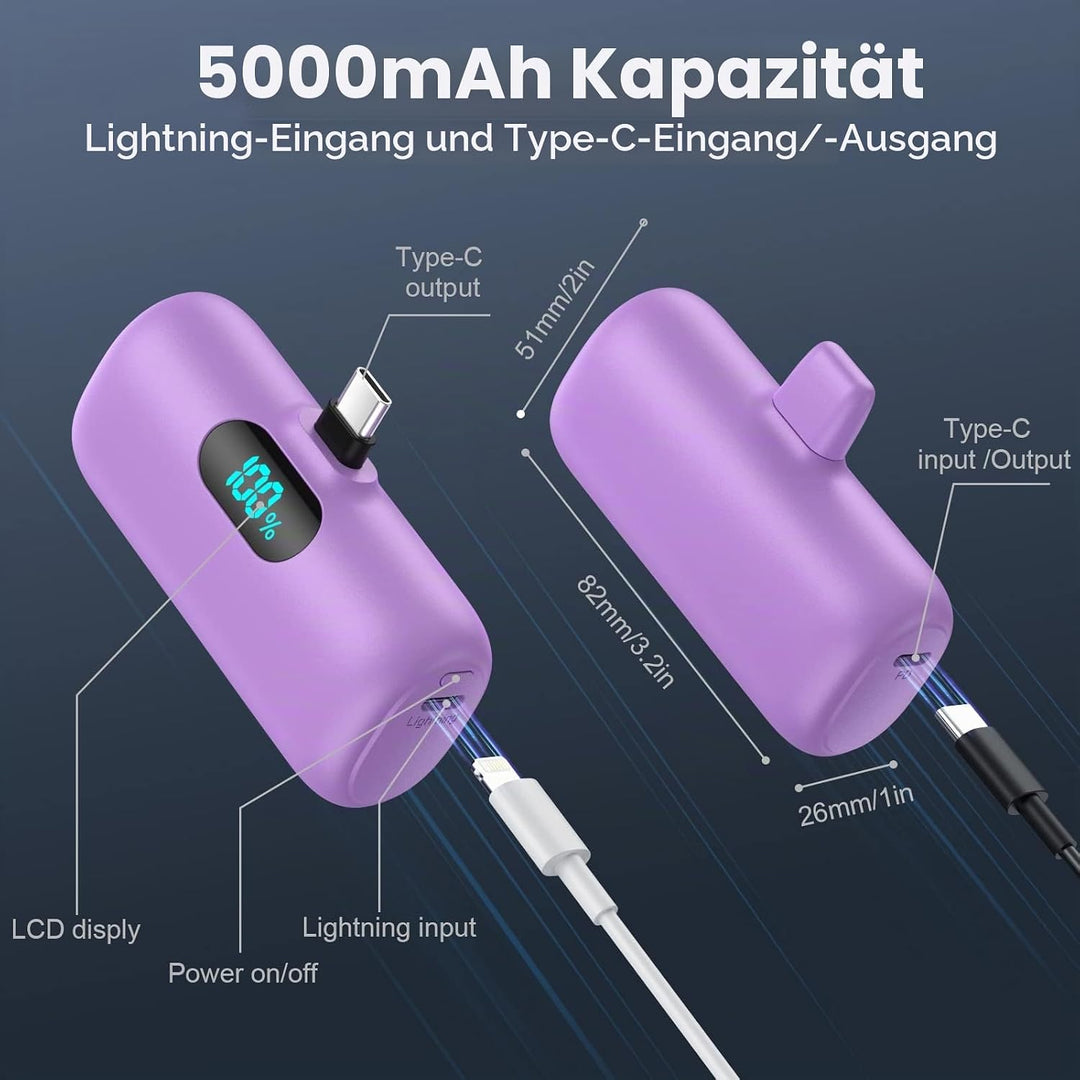 Power Bank USB C 5000mAh, Mini Powerbank Klein Aber Stark 15W PD 3.0 Schnelles Aufladen Tragbares Ex