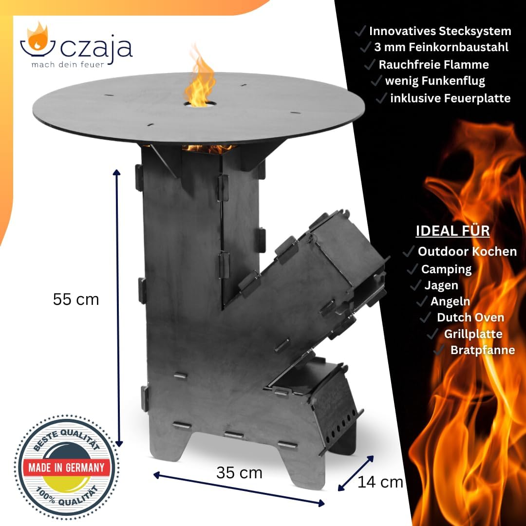 Czaja Raketenofen inkl. Feuerplatte und Schürhaken - Rocket Stove Stecksystem aus massivem 3 mm dick