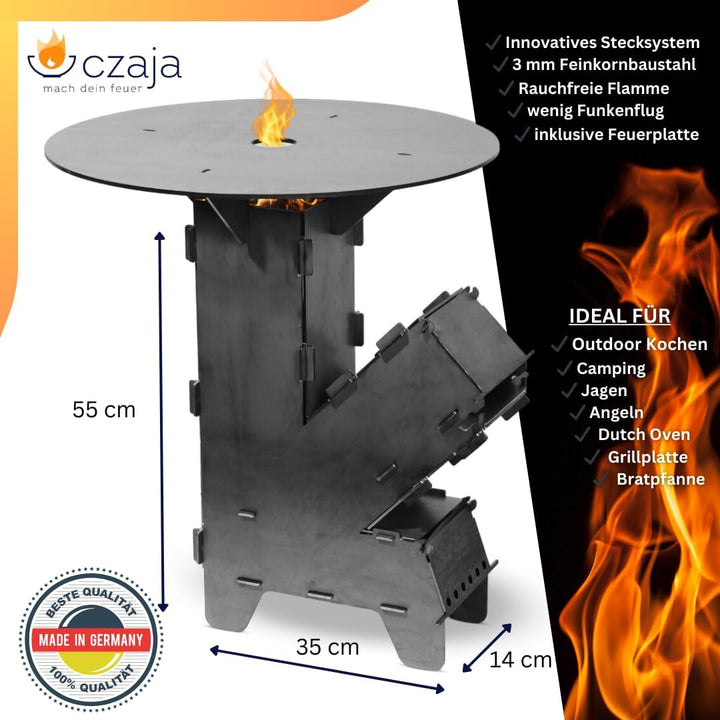 Czaja Raketenofen inkl. Feuerplatte und Schürhaken - Rocket Stove Stecksystem aus massivem 3 mm dick