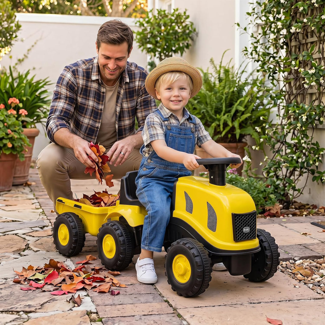 COSTWAY Kindertraktor mit Anhänger, 2-in-1 Rutschfahrzeug (Gelb), Gelb