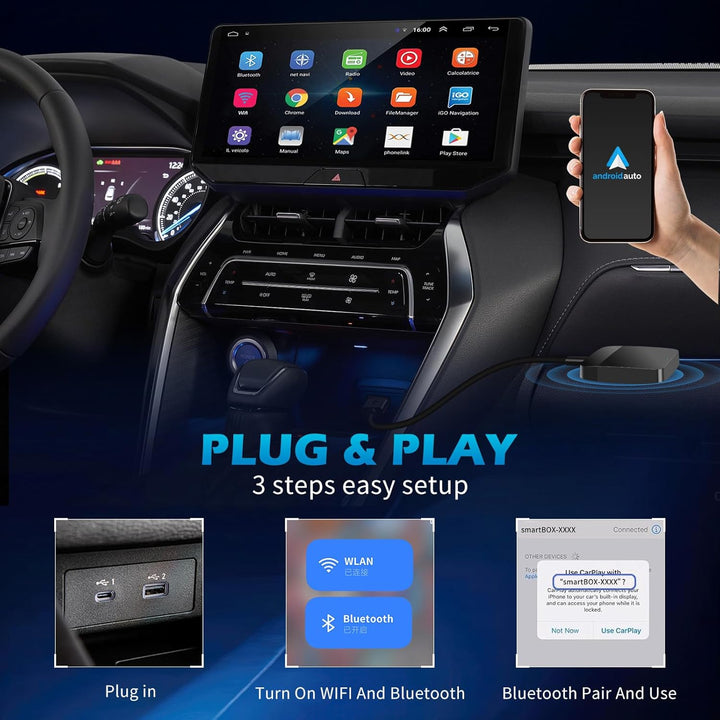 Wireless Android Auto Adapter mit integriertem Kabel, Android Auto Kabellos Adapter für Auto, Plug &
