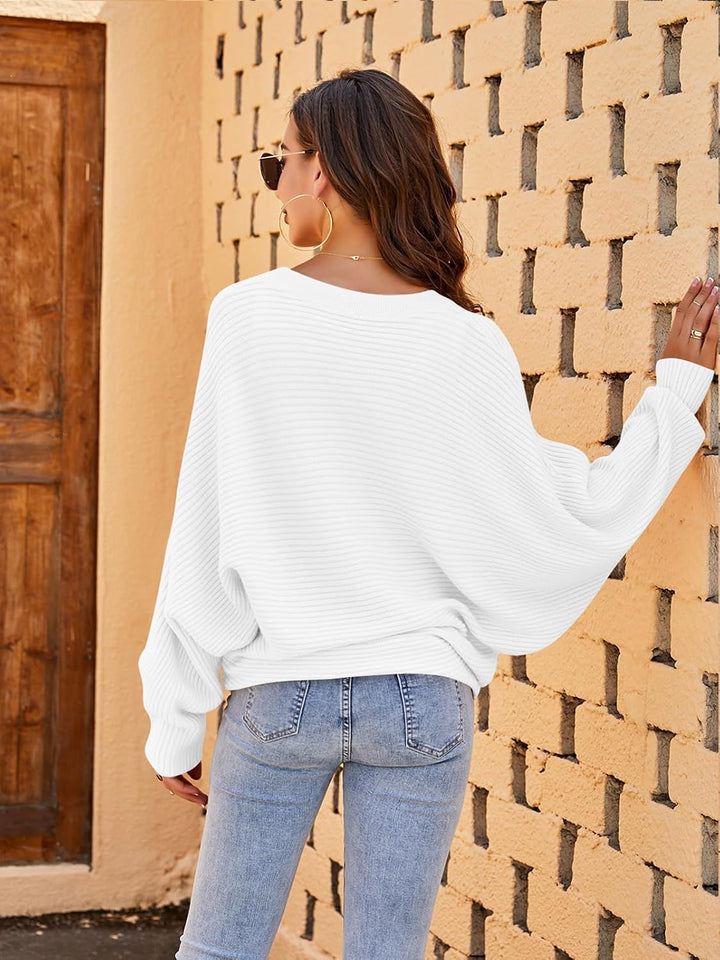 Fessceruna Damen Pullover Oversize Fledermausärmel Strickpullover Winter Rundhals Pulli Geripptes Sw