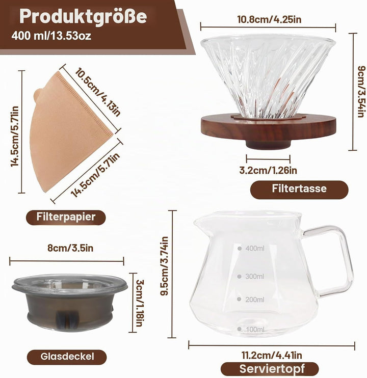Tropfkaffeebrüher, 400 ml (13,5 oz), tragbarer Glaskaffeebrüher aus hochwertigem Borosilikatglas, Au