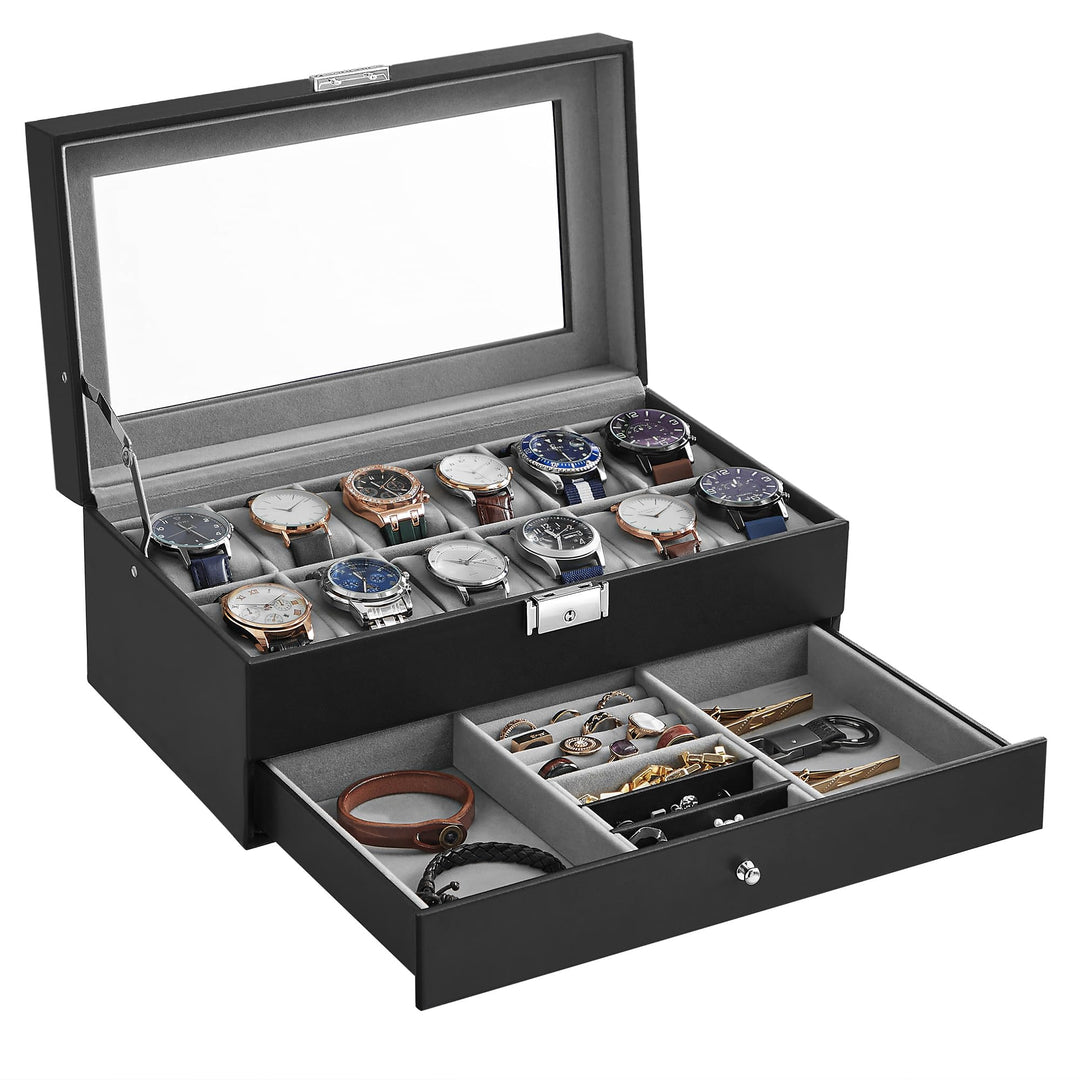 SONGMICS Uhrenbox, Uhrenkoffer, Glasdeckel, 2-stöckige Schatulle, 12 Uhren, abschliessbar, 1 Schubla