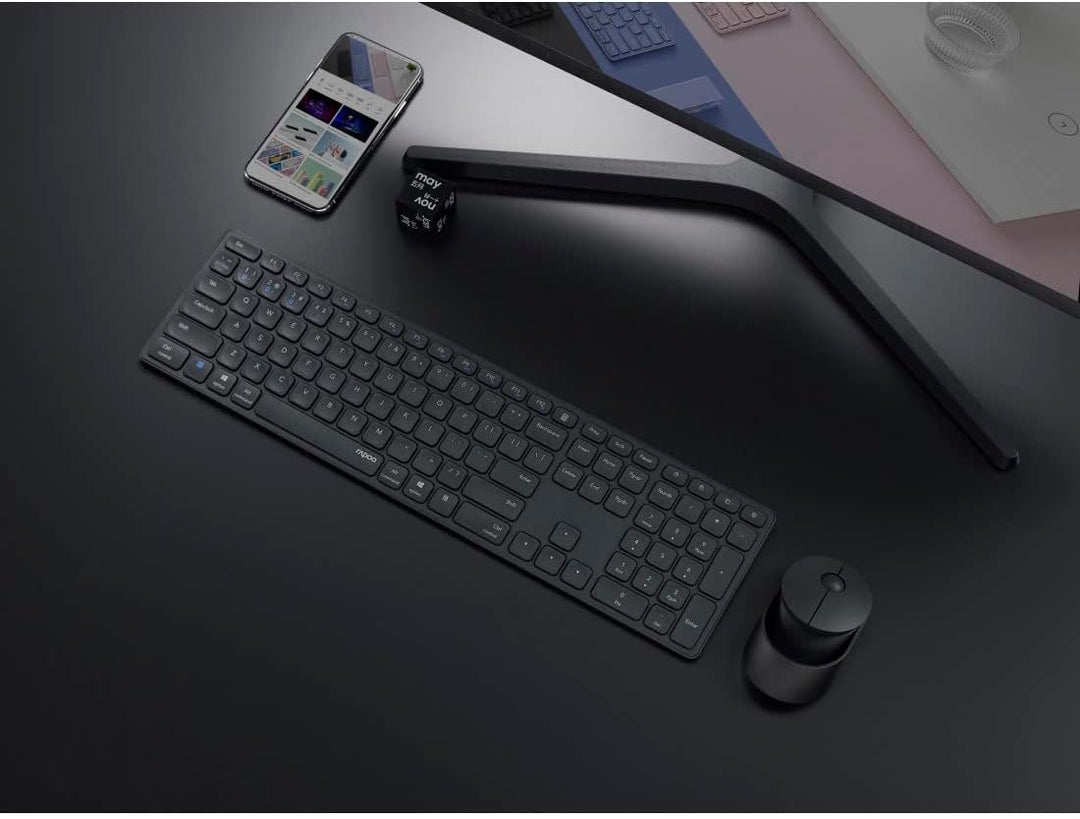 Rapoo 9850M kabelloses Tastatur-Maus Set Wireless Deskset 1600 DPI Sensor wiederaufladbarer Akku fla