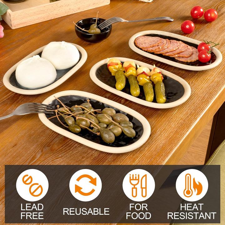 Urban Lifestyle Ovale Dessertteller Set 4er Schwarz 19,5 x 11,5 cm, Rustikale Keramik Tapasteller au