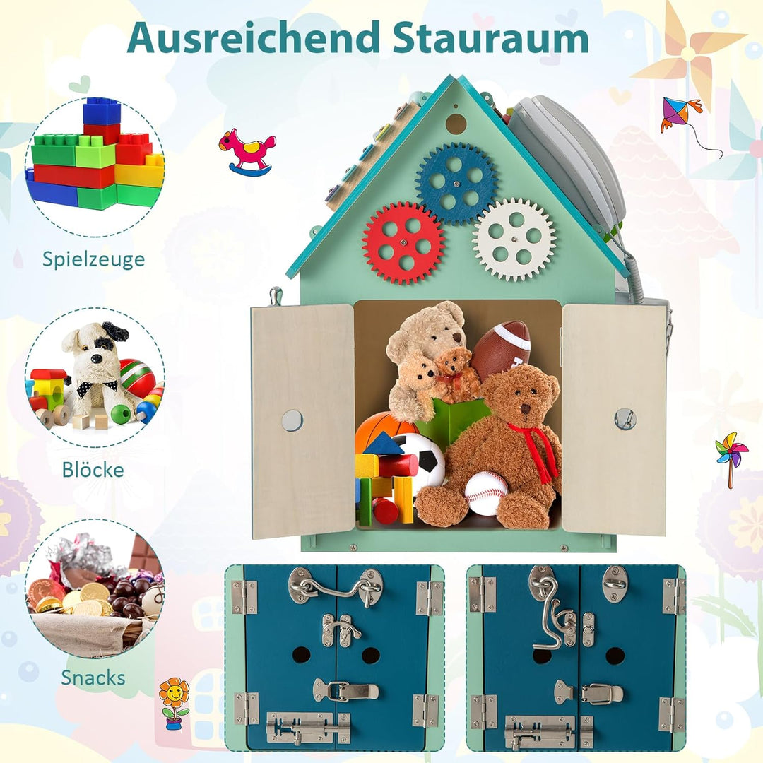 COSTWAY Kinder Spielhaus aus Holz, pädagogisches Spielzeughaus mit Sinnesspielen und Stauraum, senso