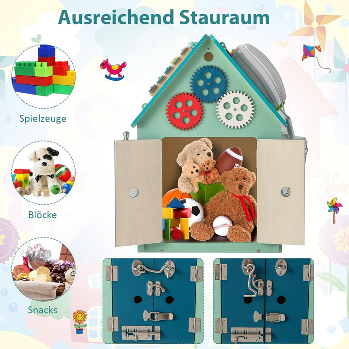 COSTWAY Kinder Spielhaus aus Holz, pädagogisches Spielzeughaus mit Sinnesspielen und Stauraum, senso