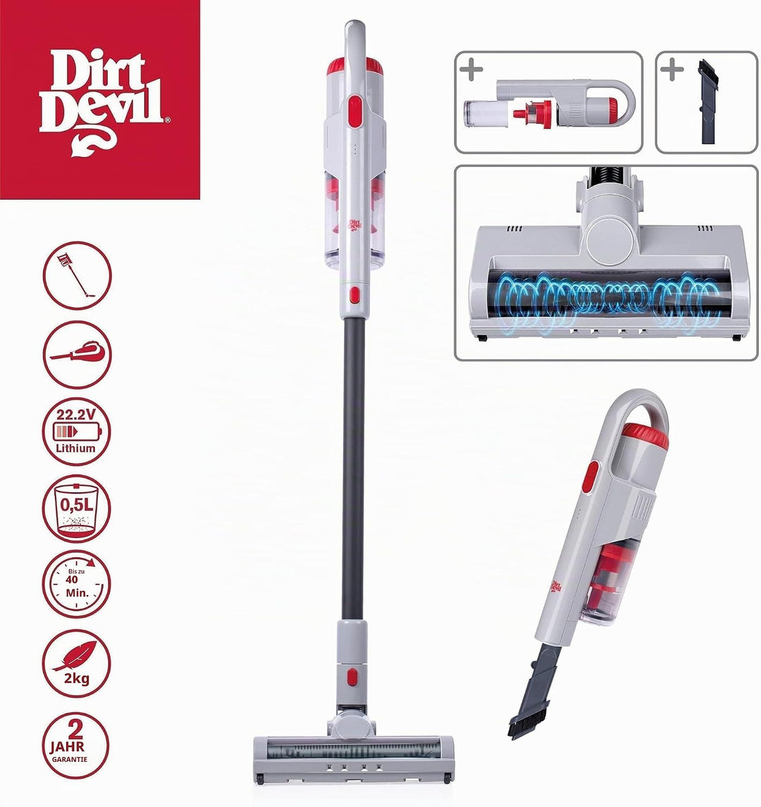 Dirt Devil Akku Staubsauger DD9006 – 2‑in‑1 Kabellos mit Handstaubsauger – Akkustaubsauger mit 260W