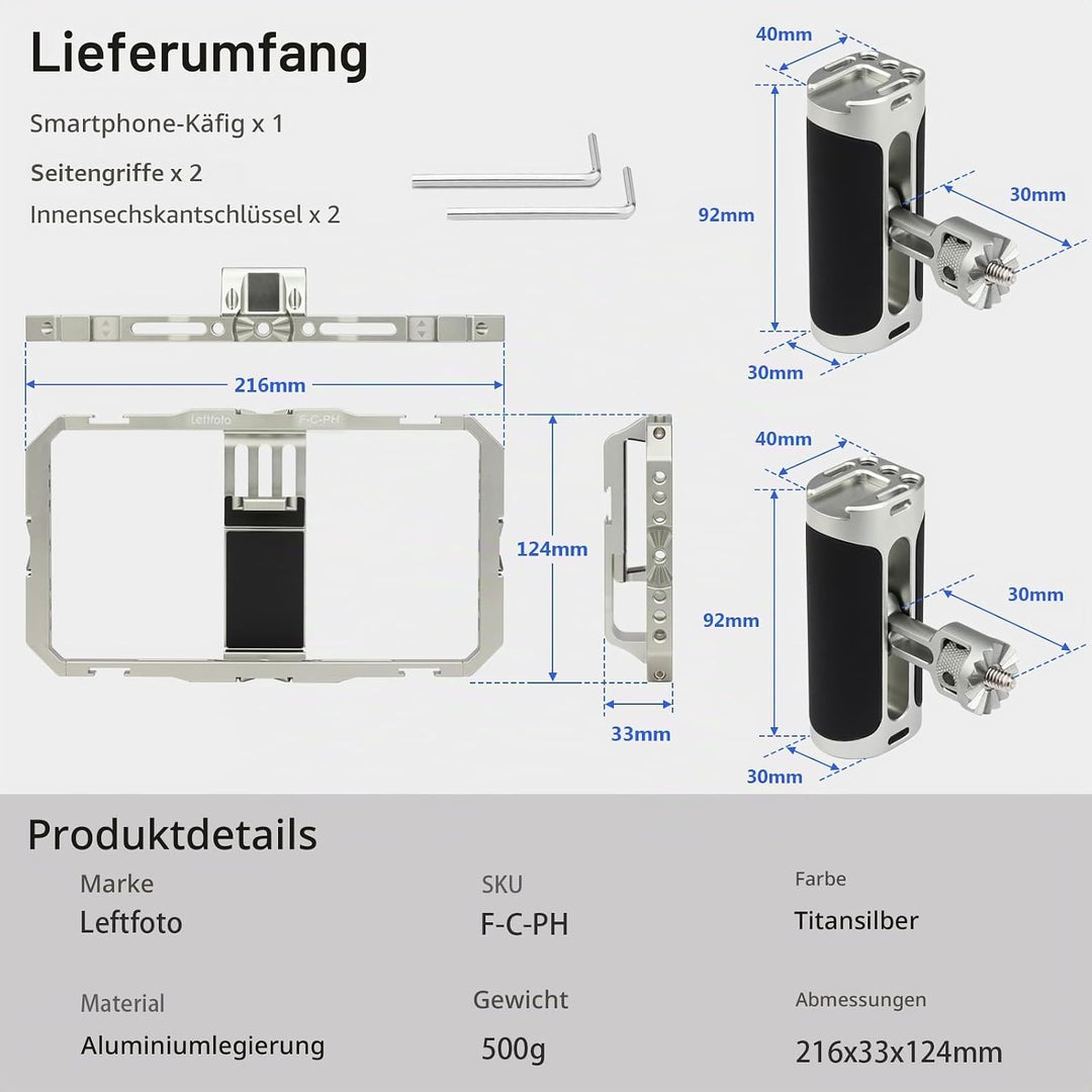 Leftfoto Universeller Aluminium-Stabilisator-Käfig, Smartphone-Video-Rig mit zwei Griffen für iPhone