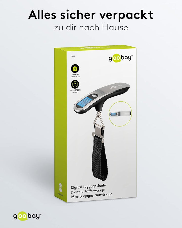 Goobay 71883 Digitale Kofferwaage Gepäckwaage mit heller LCD-Anzeige und Tara-Funktion für Gepäck bi