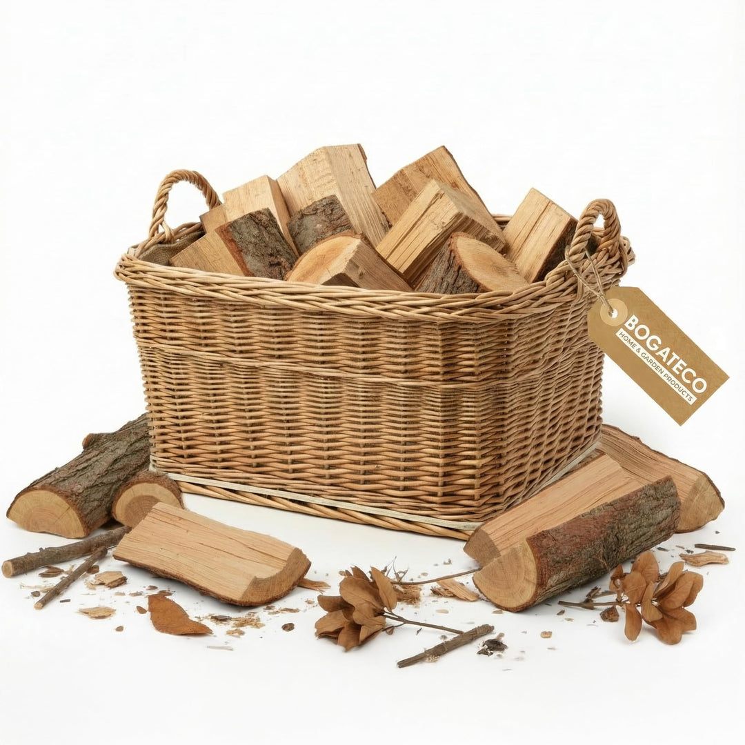 BOGATECO Kaminholzkorb Weide Rechteckig 53x43 cm, Stabiler Brennholzkorb mit Sperrholzboden und Jute