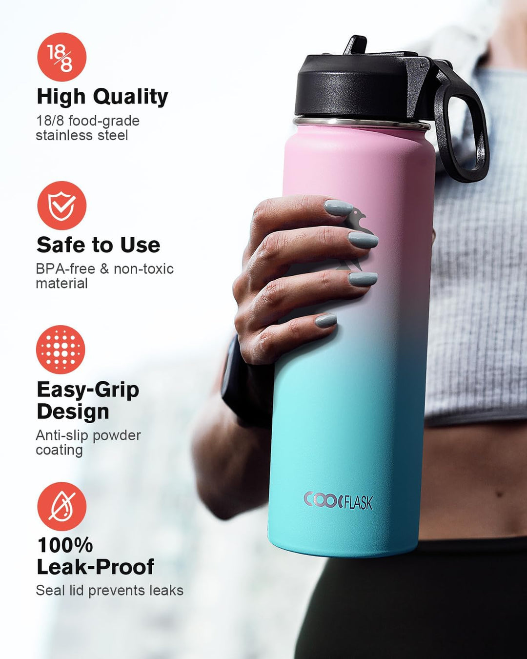 Coolflask Wasserflasche mit Strohhalm, isoliert, Edelstahl, Metall, 3 Deckel, breite Öffnung, für Sp