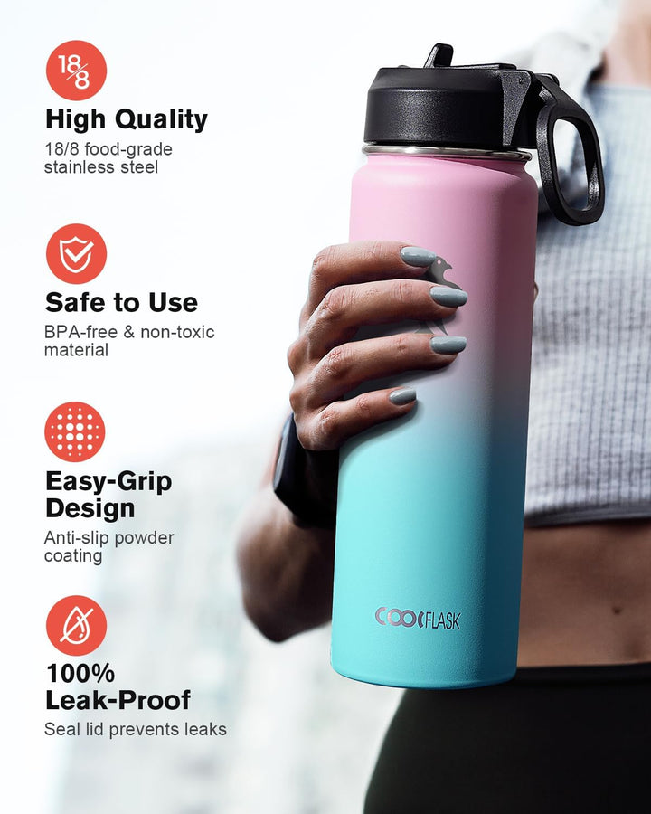 Coolflask Wasserflasche mit Strohhalm, isoliert, Edelstahl, Metall, 3 Deckel, breite Öffnung, für Sp