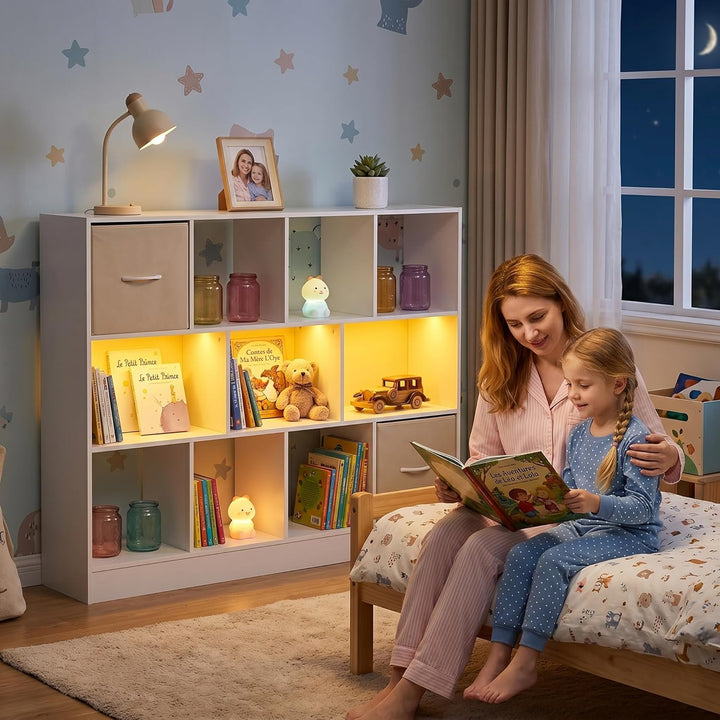 Kinderregal Spielzeugregal mit Boxen,11 Fächern,LED,Kinderzimmer Regal Kinder Bücherregal,Spielzeug