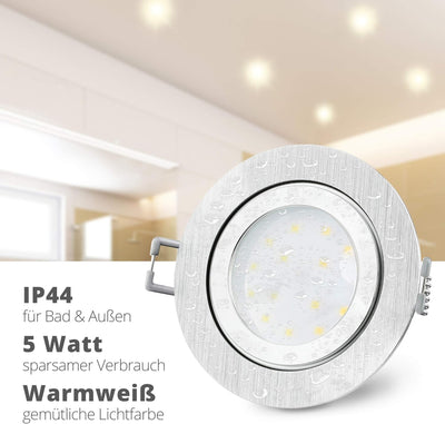 SSC-LUXon 6 Stück RW-2 Einbaustrahler LED flach IP44 Alu für Bad & Aussen - mit 5W LED Modul warmwei