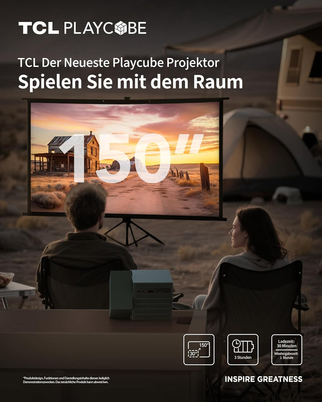 TCL PlayCube DLP Mini Beamer 4K mit Akku, 750 ISO Lumen, Offizielles Google TV (APV/Netflix/Disney),