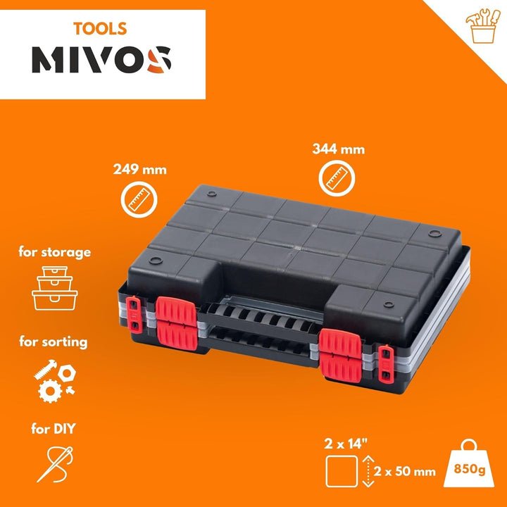 Mivos Doppelseitig Sortimentskasten 344 x 249 x 100 mm - 2 seitig Sortimentsbox für Zubehör und Klei