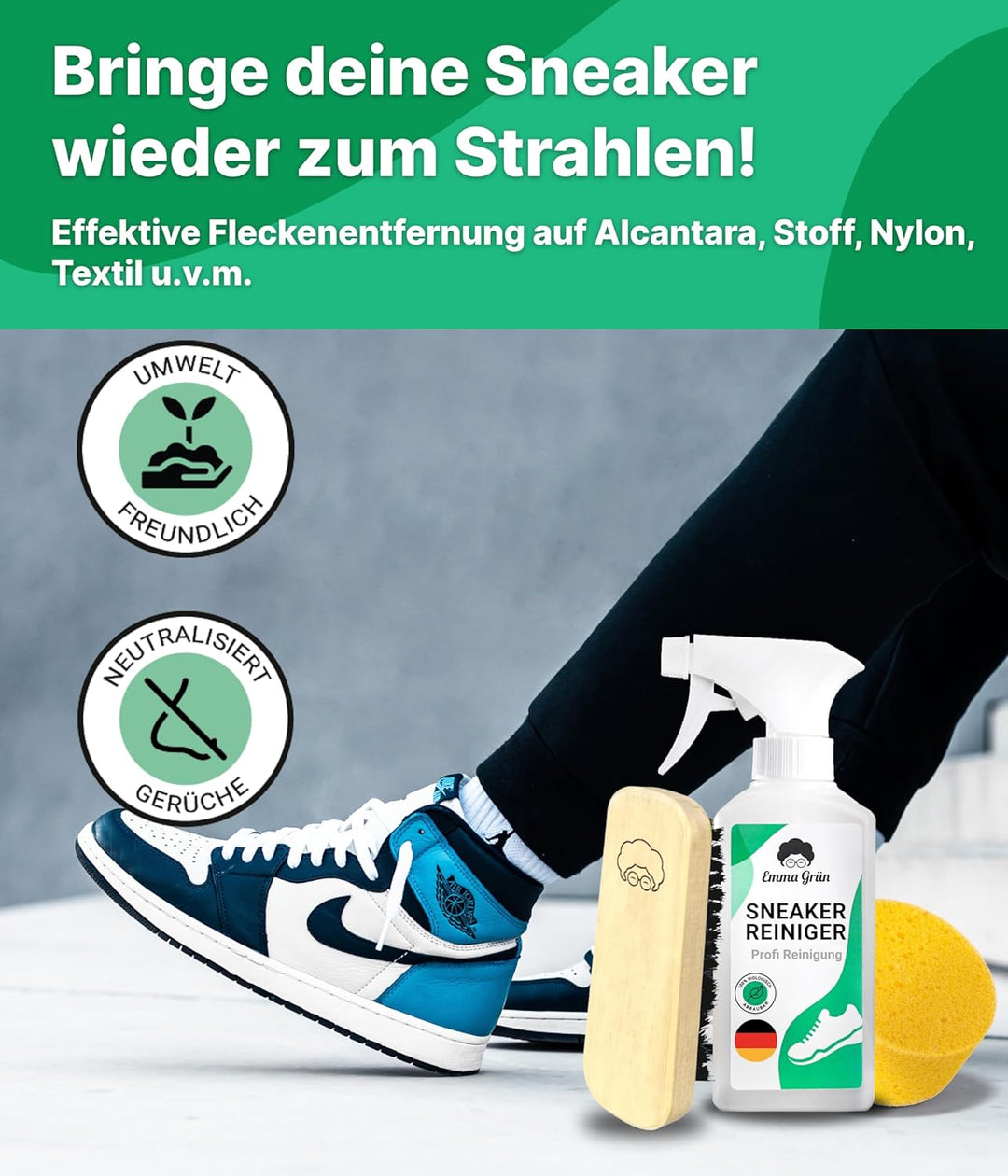 Emma Grün® Sneaker Cleaner Reinigungsset 250ml [Bürste + Schwamm] - Nachhaltiges Schuhpflege Komplet