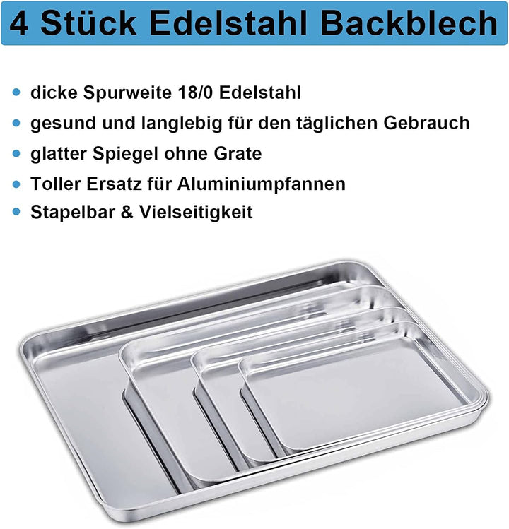 Homikit Backblech, Edelstahl Ofenblech Kuchenblech 4er Set, Rechteckige Fettpfanne Backofen zum Back